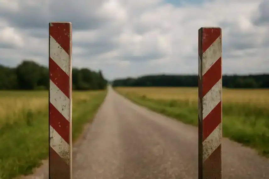 Leere Landstraße mit zwei rot-weiß gestreiften Warnpfosten, umgeben von Feldern und Bäumen unter leicht bewölktem Himmel.