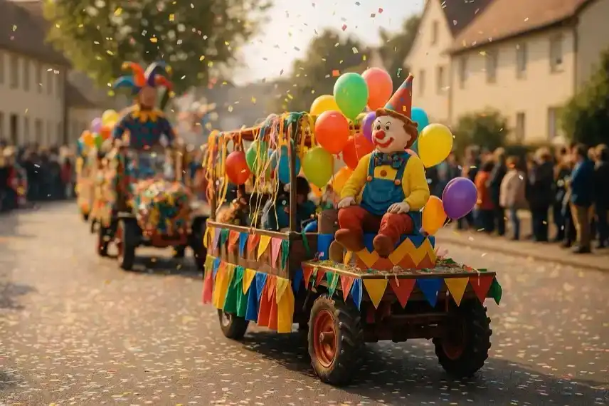 Bunter Karnevalsumzug im Harz mit geschmückten Wagen, Luftschlangen und Konfetti bei hellem Tageslicht.