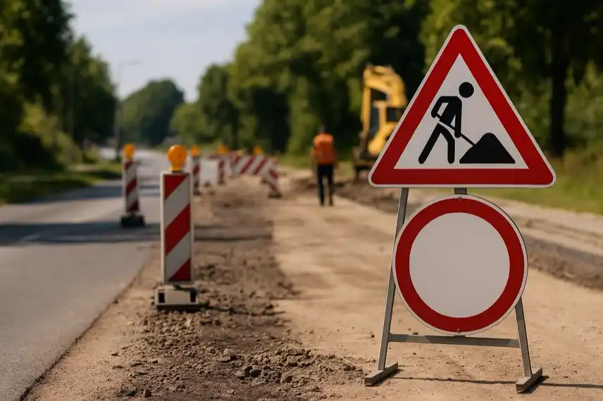 Baustelle im Harz mit Bagger, Verkehrsschildern und Absperrungen entlang einer Landstraße bei sonnigem Wetter.