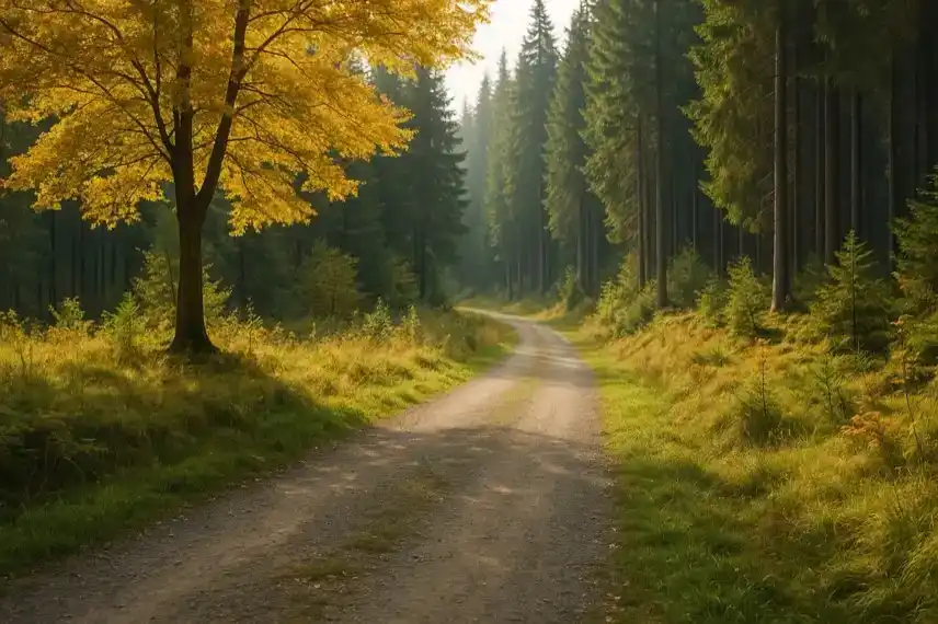 Herbstlicher Waldweg mit goldenem Laubbaum und Sonne, die durch die Bäume eines Nadelwaldes fällt.