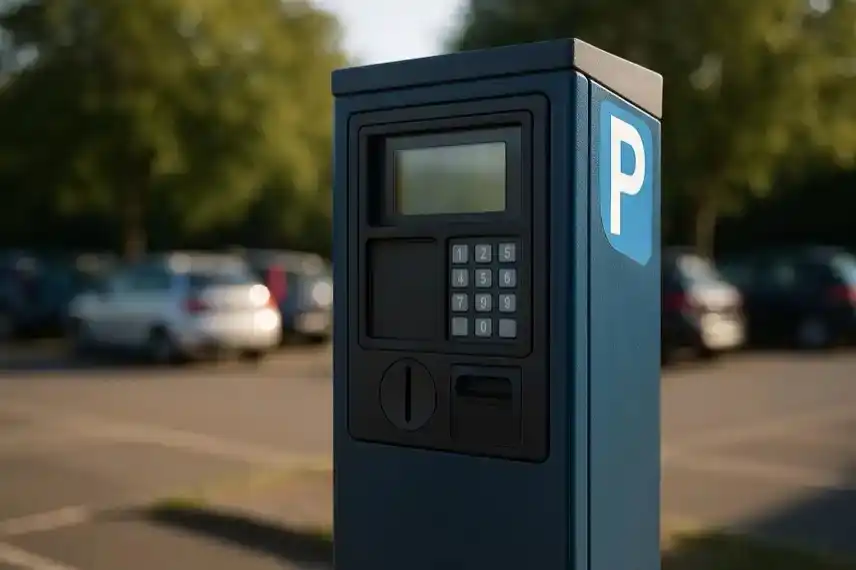 Nahaufnahme eines blauen Parkscheinautomaten auf einem Parkplatz bei Tageslicht mit unscharfem Hintergrund aus Autos und Bäumen.