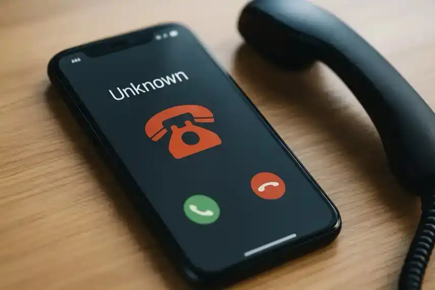 Smartphone auf Holztisch mit Anzeige „Unknown“ bei eingehendem Anruf, daneben ein schwarzer Telefonhörer.