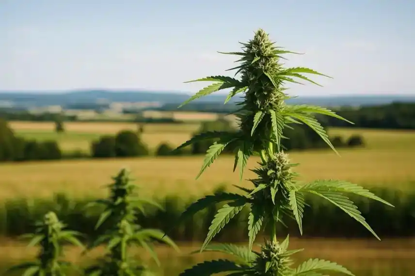 Nahaufnahme einer blühenden Cannabis-Pflanze mit grünen Blättern vor einer sonnigen Harz-Landschaft.