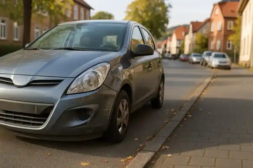 Geparktes Auto mit leichtem Unfallschaden am Kotflügel an einer herbstlichen Straße im Harz, ohne Personen, mit natürlichem Licht fotografiert.