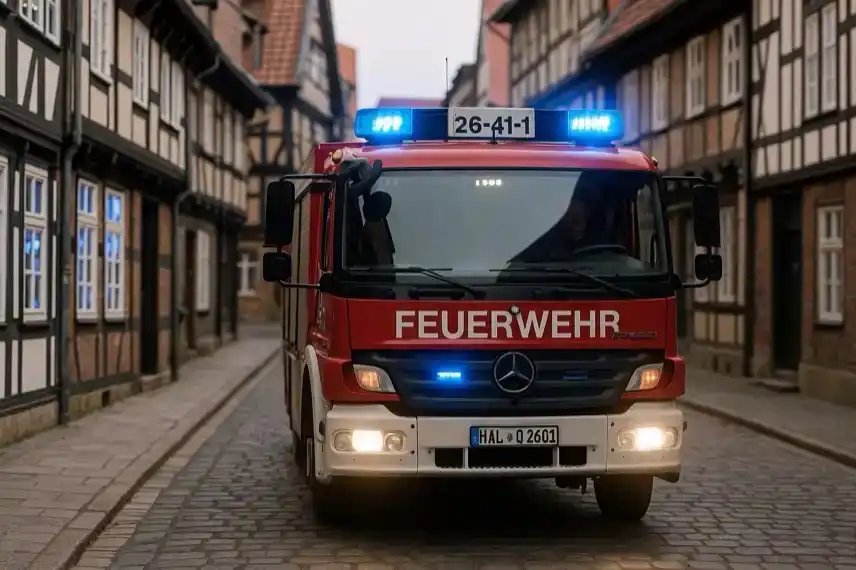 Feuerwehr Quedlinburg Harz – Einsatzfahrzeug mit Blaulicht fährt durch historische Altstadtstraßen nach Wohnungsbrand im Steinweg.