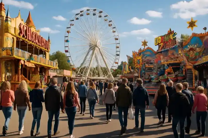Herbstmesse Magdeburg 2025 mit Riesenrad, Fahrgeschäften und Besuchern auf dem Festplatz in Magdeburg im Harz-Umfeld.