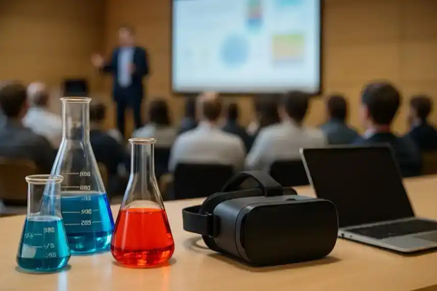 Forschungsshow Hochschule Harz – Laborutensilien, VR-Brille und Laptop als Darstellung von Wissenschaft, Digitalisierung und Innovation im Harz.