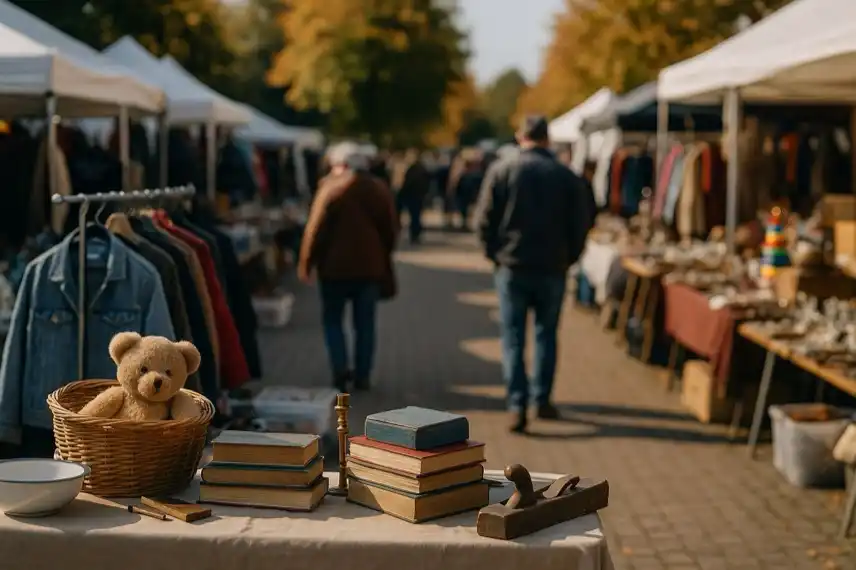 Flohmarkt im Harz im Oktober 2025 – herbstliche Marktstände mit Büchern, Kleidung und Besuchern in fotorealistischer Darstellung.