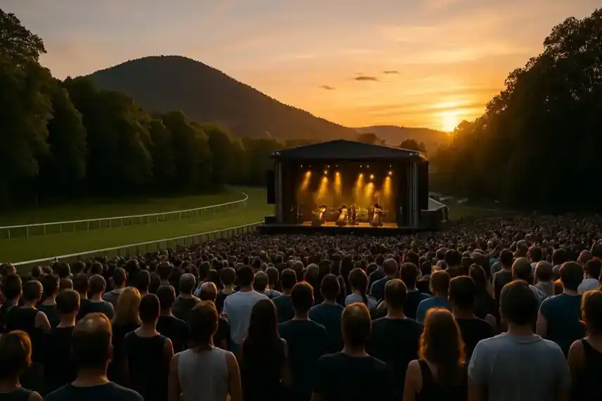 Yellow Jockey Open Air 2026 in Bad Harzburg – Menschenmenge vor Open-Air-Bühne auf der Galopprennbahn im Harz bei sommerlichem Sonnenuntergang.