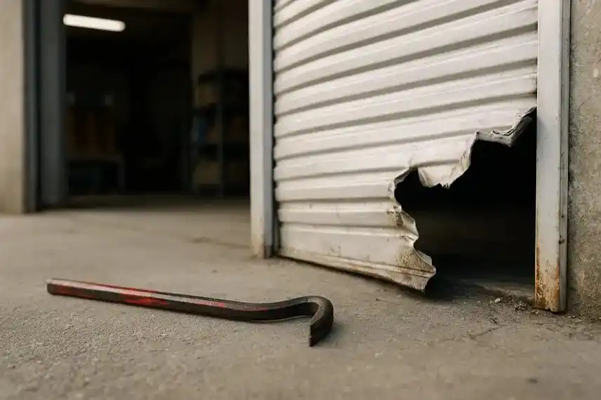 Zerbeulte Metalltür einer Lagerhalle mit Brecheisen auf dem Boden, im Hintergrund ein dunkler Innenraum.