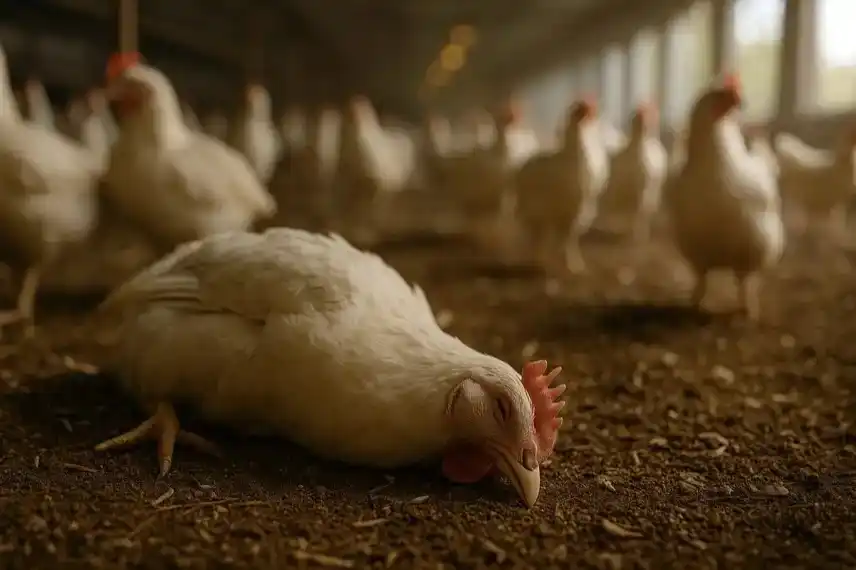 Fotorealistisches Bild eines Hühnerstalls mit Hühnern im Hintergrund und einem Tier im Vordergrund auf dem Boden, natürliche Tiefenschärfe und warmes Licht.
