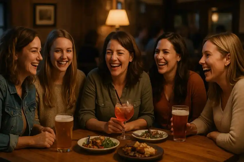Fünf Frauen sitzen an einem Holztisch in einem gemütlichen Gasthof, essen und trinken gemeinsam und lachen in warmem, weichem Licht.