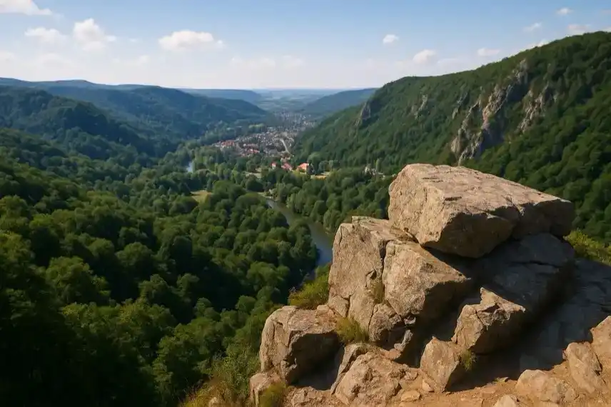 Felsen über einem bewaldeten Tal mit Fluss und einer Stadt im Hintergrund bei sonnigem Wetter im Harz.