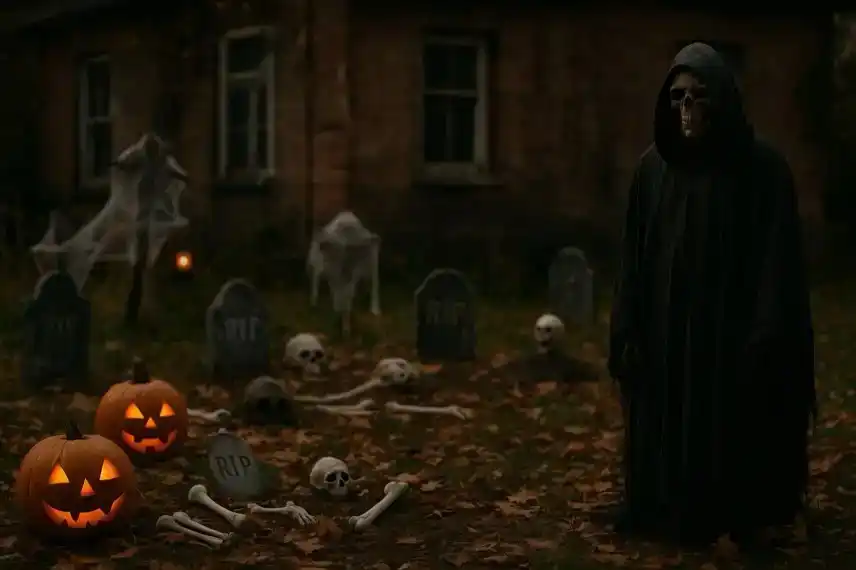 Fotorealistische Halloween-Dekoration mit Grabsteinen, Kürbislaternen, Skeletten und einer dunklen Gestalt vor einem alten Backsteinhaus.