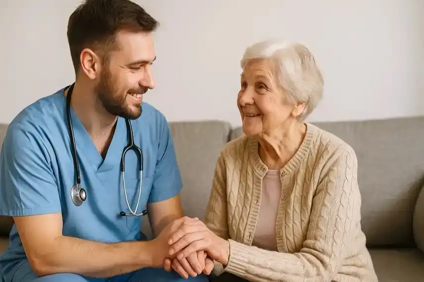 Pflegevertrag und Rechnung liegen mit Euro-Geldscheinen, Lupe, Stethoskop und Kugelschreiber auf einem Tisch.