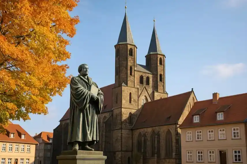 Bronzestatue von Martin Luther vor einer alten Kirche mit roten Dächern und herbstlichen Bäumen im Hintergrund.