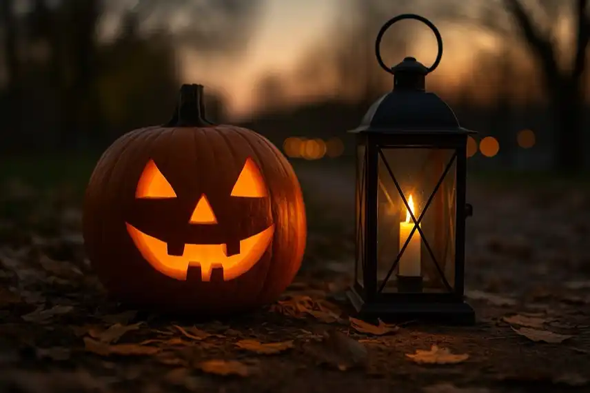 Leuchtender Kürbis mit geschnitztem Gesicht neben brennender Laterne auf herbstlichem Waldboden bei Dämmerung.