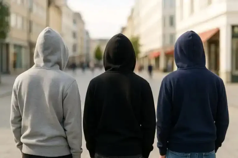 Drei Jugendliche mit Kapuzenpullovern stehen nebeneinander auf einer sonnigen Straße in der Stadt, von hinten fotografiert.
