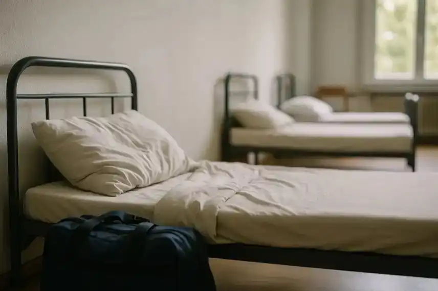 Ein hell beleuchteter Schlafraum mit mehreren Metallbetten, Kissen und einer blauen Tasche auf dem Boden.