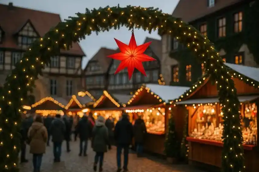 Ein roter Stern hängt an einem beleuchteten Tannenbogen über einem Weihnachtsmarkt mit Holzständen und Besuchern in einer historischen Altstadt.