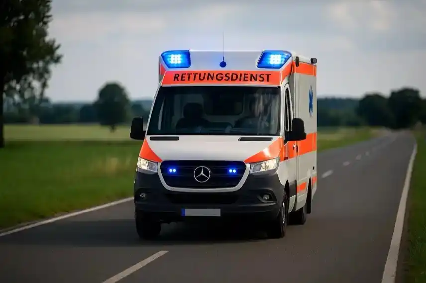 Symbolbild eines deutschen Rettungswagens mit Blaulicht auf einer Landstraße im Harz, aufgenommen als neutrale Darstellung für einen Unfallbericht.