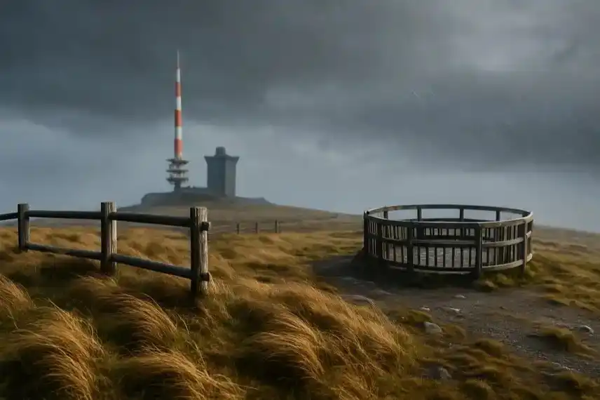 Brocken im Harz mit stürmischem Himmel, Regen und orkanartigen Böen – Wetterwarnung, Windgefahr und extreme Bedingungen auf dem Berg.