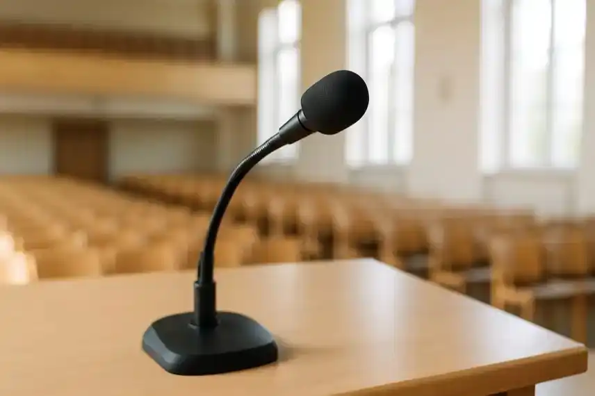 Volksverhetzungs-Vorwurf Harz – leeres Mikrofon am Rednerpult in hellem Saal, Fokus und Tiefenschärfe, ohne Personen, fotorealistisch.