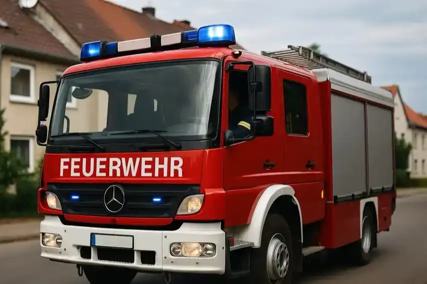 Feuerwehrautos mit Blaulicht in einer Wohnsiedlung, stellvertretend für den Einsatz beim E-Bike-Akku-Brand in Weißenfels.