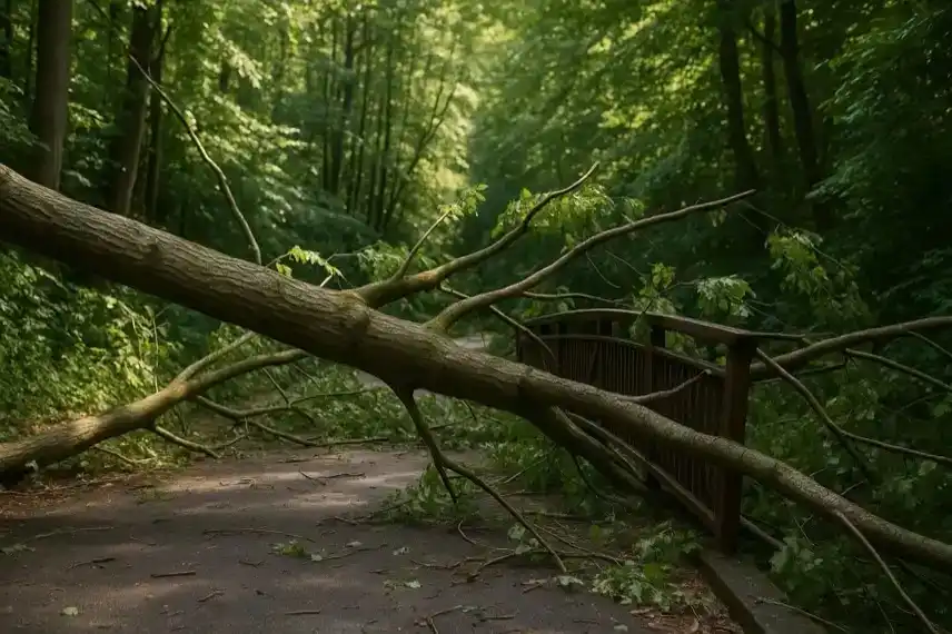 Umgestürzter Baum auf gesperrtem Waldweg im Harz nach Sturm, hell ausgeleuchtet mit natürlicher Tiefenschärfe.
