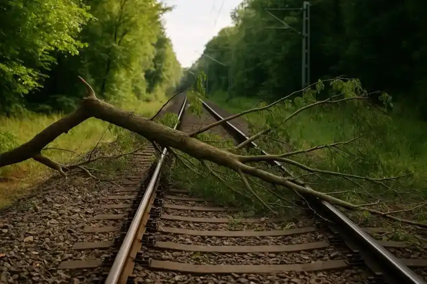 Umgestürzter Baum auf Bahngleisen im Harz nach Sturm – Zugverkehr bei Bad Harzburg gestört.