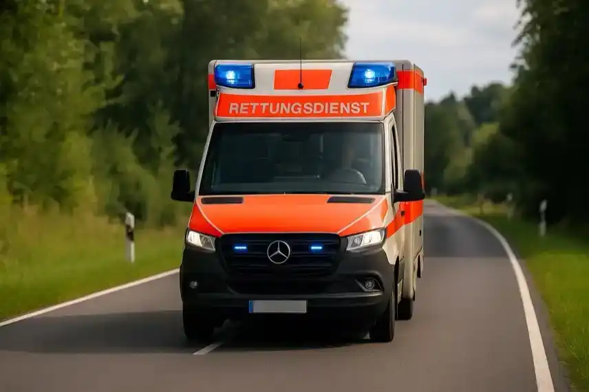 Symbolbild eines Krankenwagens auf einer Landstraße im Harz, stellvertretend für einen Rettungseinsatz nach einem Verkehrsunfall.