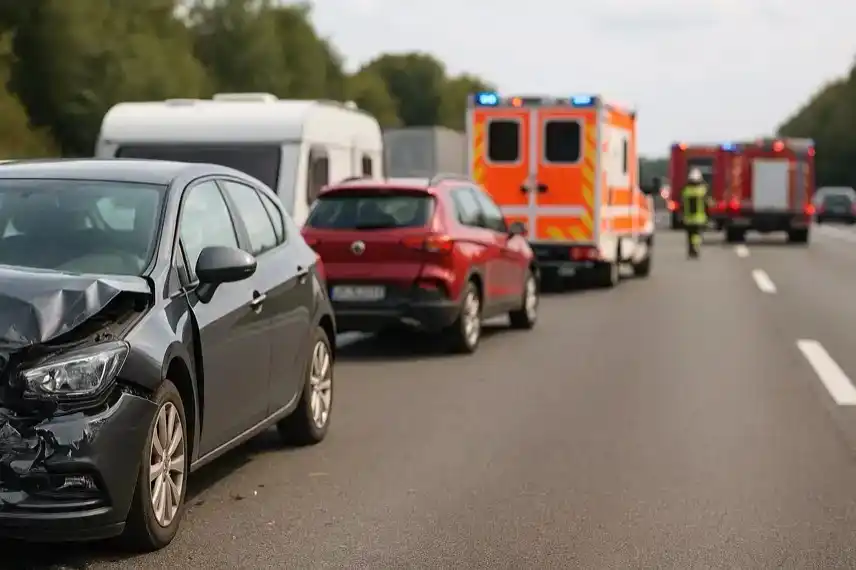 Symbolbild eines Autobahnunfalls bei Seesen im Harz mit Rettungsfahrzeugen und beschädigten Autos, dargestellt als fotorealistische Szene zur Illustration des Artikels.