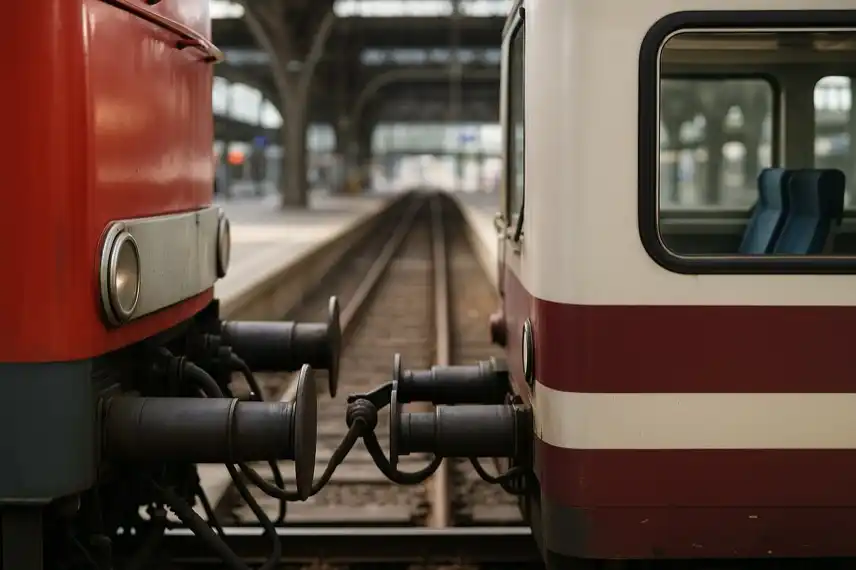 Regionalzugs im Bahnhof mit fokussierten Kupplungen, stellvertretend für steigende Gewalt gegen Zugpersonal im Harz.