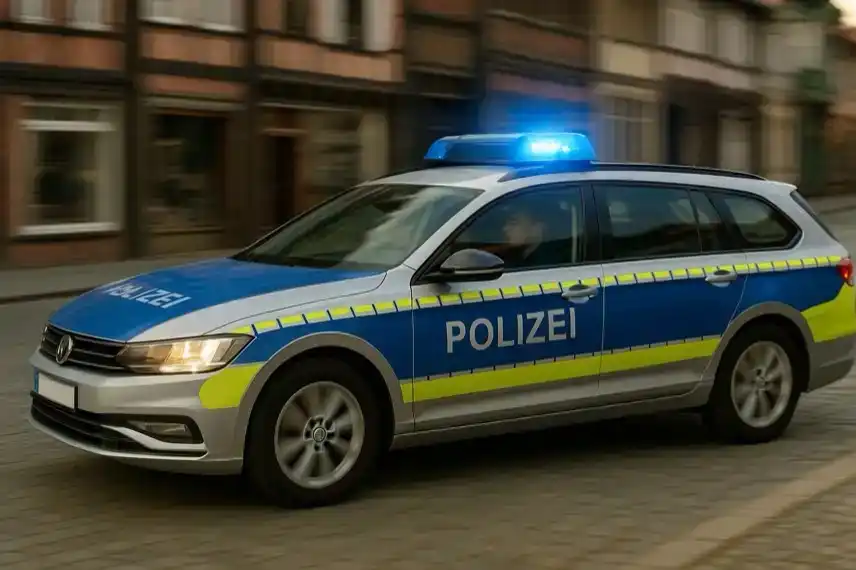 Symbolbild eines Polizeiautos mit Blaulicht in der Innenstadt von Wernigerode im Harz, nachgestellte Aufnahme zur Illustration von Einsatzfahrten.