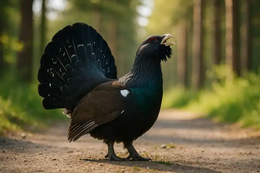 Symbolbild eines balzenden Auerhahns im Harzwald, Symboltier und Wahrzeichen von Wernigerode im Harz.