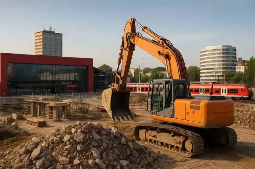 Halle (Saale) Bahnhof – Bauarbeiten und moderne Architektur im Umfeld des geplanten Zukunftszentrums, fotorealistische Darstellung ohne Personen.
