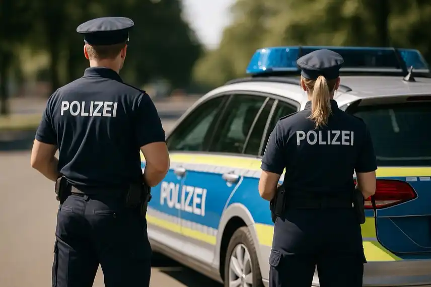 Polizei im Einsatz im Landkreis Börde, zwei Beamte stehen vor Polizeiauto nach Geldautomatensprengung, Ermittlungen laufen.