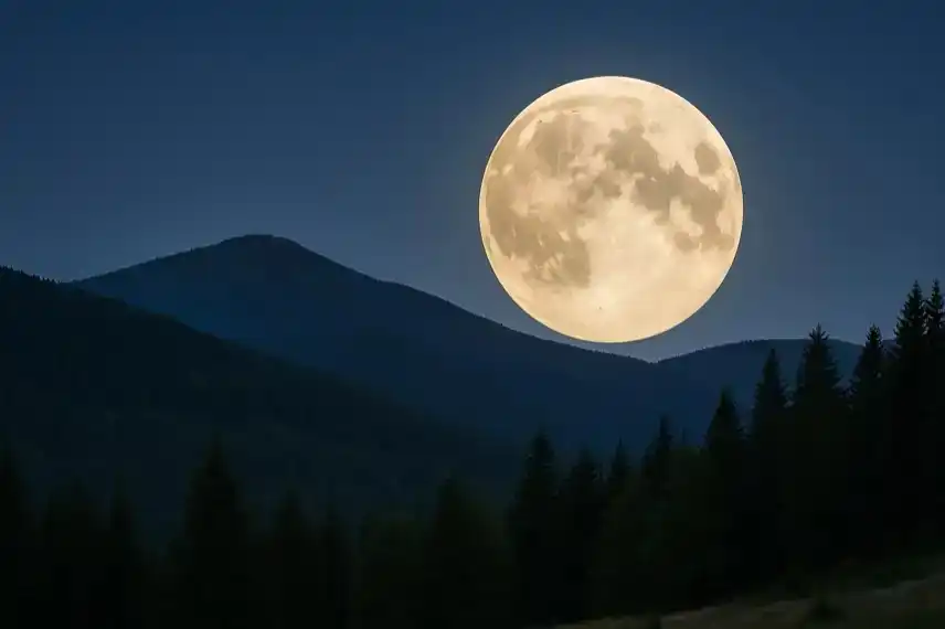 Supermond über dem Harz – heller Vollmond über Bergen und Wäldern im Oktober 2025, Symbolbild für astronomisches Ereignis.