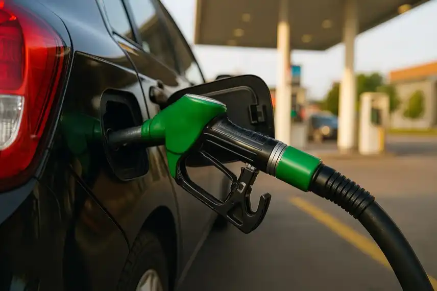 Zapfsäule mit grünem Benzin-Aufsatz an einem Auto, aufgenommen an einer Tankstelle im Harz bei Tageslicht.