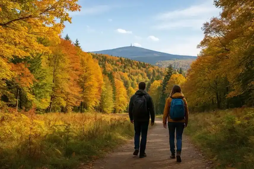 Wanderer auf Waldweg mit buntem Laub und Blick auf den Brocken – Symbolbild für Ausflugsziele in den Herbstferien 2025.