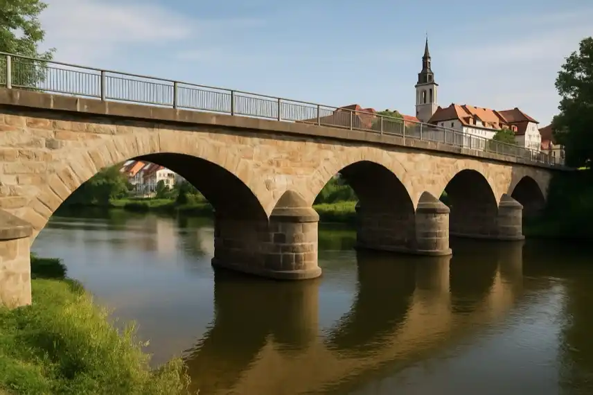Historische Steinbrücke in Quedlinburg im Harz bei Tageslicht, Symbolbild für Brückensanierungen durch das Sondervermögen.