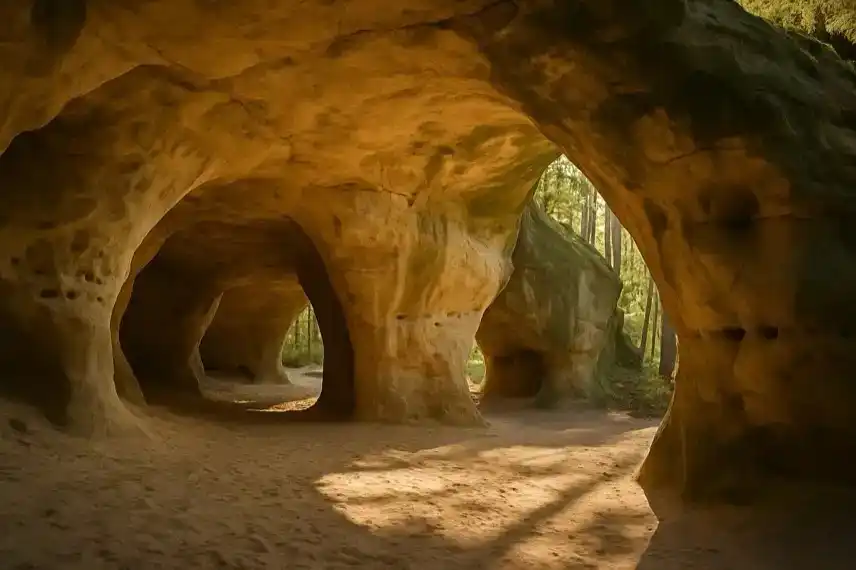 Fotorealistisches Symbolbild der Sandsteinhöhlen im Harz mit Sonnenlicht und Tiefenschärfe, inspiriert vom Drehort des Films „Woodwalkers“.