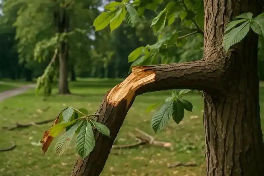 Symbolbild eines beschädigten Baums in einem Schlosspark im Harz bei Sonnenlicht, stellvertretend für aktuelle Baumschäden in Blankenburg.
