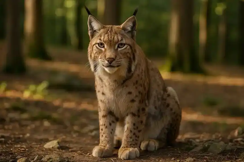 Eurasischer Luchs im Wald des Harz, fotorealistisches Symbolbild zur Wiederansiedlung und Zucht im Nationalpark Harz.
