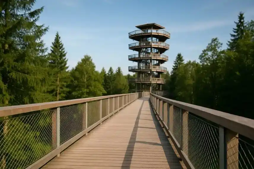 Aussichtsplattform mit Holzturm im Harz, aufgenommen bei Sonnenschein, als Symbol für neue Tourismusprojekte.