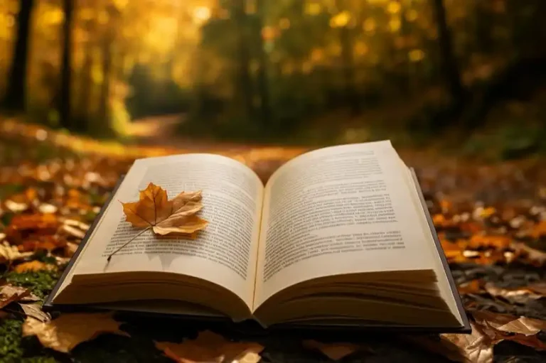 Symbolbild Märchenwoche Harz – offenes Buch im herbstlichen Wald mit Sonnenlicht und buntem Laub, fotorealistisch aufgenommen.