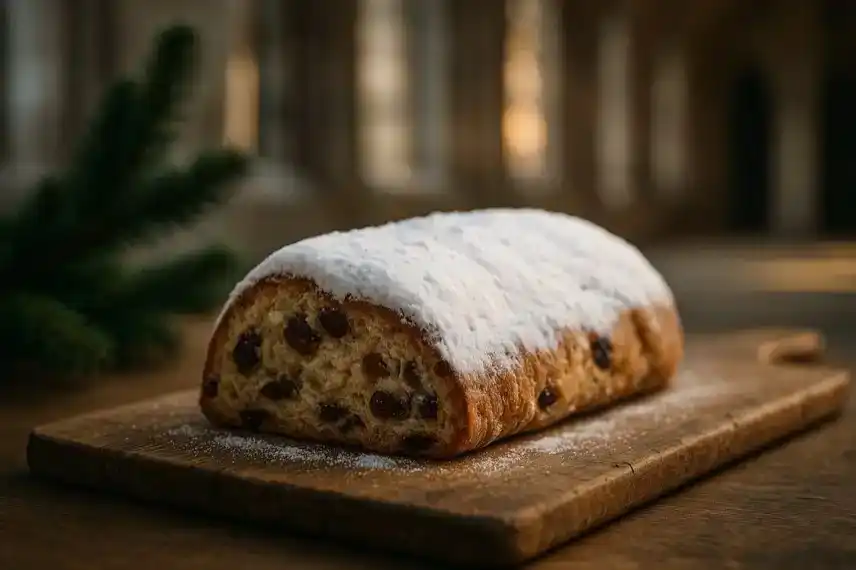 Fotorealistisches Symbolbild eines traditionellen Stollens auf Holzbrett, Symbol für den Halberstädter Domstollen und die Stollensaison im Harz.