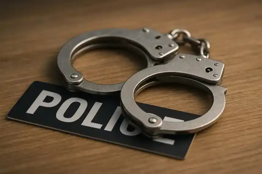 Handschellen auf Holztisch als Darstellung für einen Polizeiskandal in Deutschland.