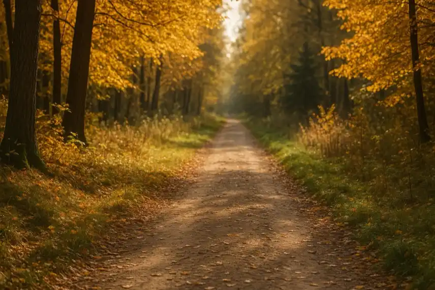 Herbstlicher Waldweg im Harz mit goldenem Laub und Sonnenlicht – Symbolbild zu den Märchenwochen in Hahnenklee.