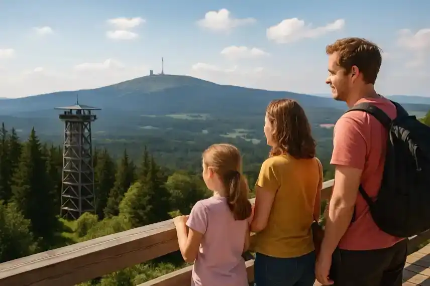 Familie mit Blick auf die Harzer Berge und den Brocken bei sonnigem Wetter – Fotomotiv für Artikel über Familienurlaub im Harz.